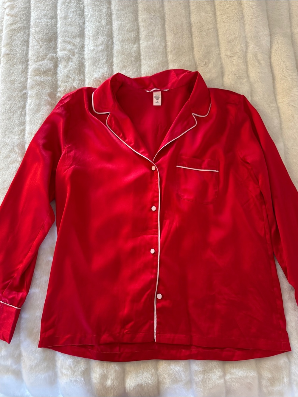 Victoria's Secret Red Satin Button-Up Pajama Top with White Piping